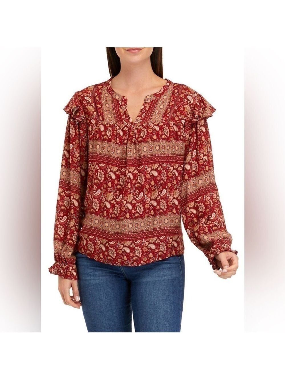Women's peasant Split Neck Woven Top floral, paisley Boho pattern, size PL